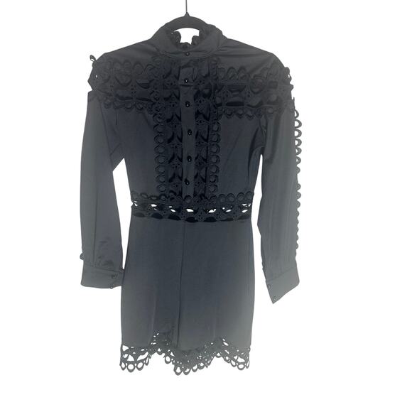 Women's L Black High-Neck Lace Trim Button-Up Romper Long Sleeve Elegant Chic - Picture 3 of 12